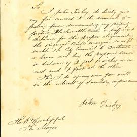 Letter - John Toohey gives permission for removal of fence at Blackwattle Creek for construction of drain, 1881