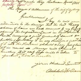 Letter: Archibald McLean, Snails Bay Balmain wrote that a lot of sand and rubble had been washed 