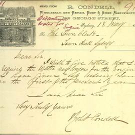 Letter: Robert Condell, Wholesale and Retail Boot and Shoe Manufacturer, George Street Sydney, 1881