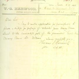Memorandum - Request for bridge from Mary Ann Street to Grove House Ultimo, 1881