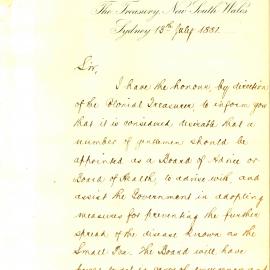 Letter - Colonial Treasury regarding establishment of Board of Health to help contain smallpox, 1881