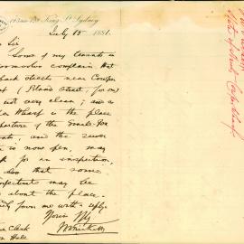 Letter - JW Trickett requesting inspection and disinfecting of streets near Cowper Wharf, 1881