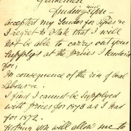 Letter: William Long. Upon being accepted as tender for pipes now requests to withdraw, being 