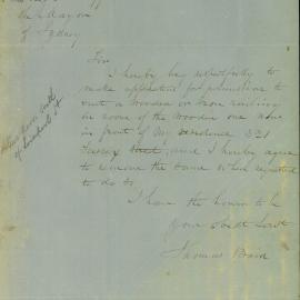 Letter: Thomas Bain, 321 Sussex Street, Sydney. Requests permission to erect a wooden or iron 