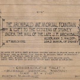 Plan - Archibald Memorial Fountain Tablet, 1933