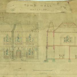 Plan of Waterloo Town Hall - front elevation and section - no date, hand coloured