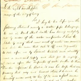 Letter: J O'Neil complaining that his water pipe was cut, the water supply cut off and of the 
