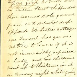 Letter - Complaint about mud hole Queen Street Chippendale, 1859 