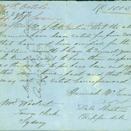 Letter - Requests inspection of premises about water issues, Dale Street Chippendale 1859