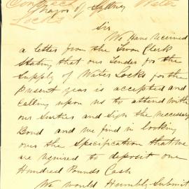 Letter - Acceptance of their Tender for the supply of water locks, 1860