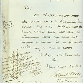Memorandum: Edward Bell, City Engineer. Meter at Mr Wiseman's Saw Mills broken and removed. Mr Wiseman 