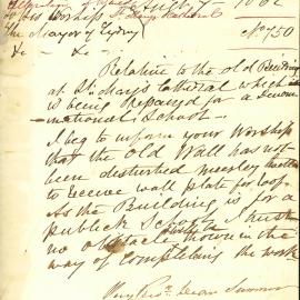 Letter: Very Rev Dean Summer, St Mary's Cathedral. Repair of old building of Cathedral for a 