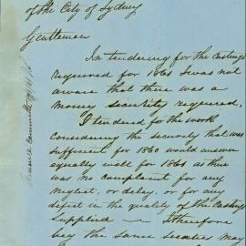 Letter: Richd Dawson to Mayor. His tender for 1861 to supply castings did not include monetary 
