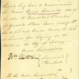Letter: William Aitkens, Licenced Plumber, R U S Sheldon, Plumber, 8 Jamieson Street, recommend 