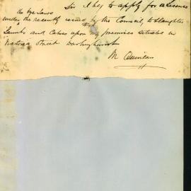 Letter - License to slaughter lambs and calves, Victoria Street Darlinghurst, 1881