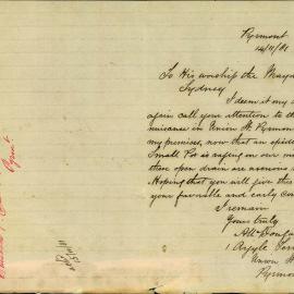 Letter - Open drain in light of smallpox epidemic, Union Street Pyrmont, 1881
