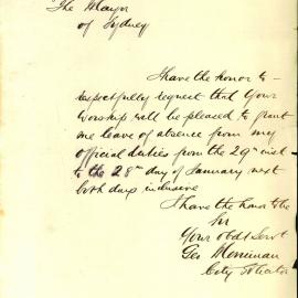 Memorandum: George Merriman, City Solicitor, requesting leave of absence from 29th December 1881 to the 