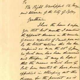 Memorandum - City Health Officer GF Dansey reporting no recent smallpox but increasing typhoid, 1882