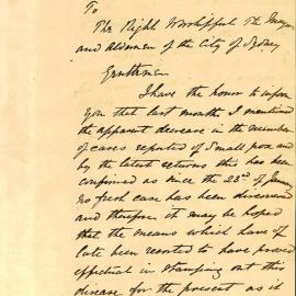 Memorandum - City Health Officer GF Dansey reporting no recent smallpox but increasing typhoid, 1882
