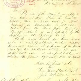 Letter -  Council Clerk about water used for street watering, Darlington, 1882