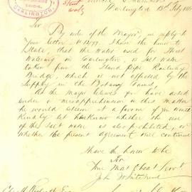 Letter -  Council Clerk about water used for street watering, Darlington, 1882