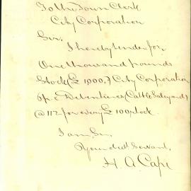 Letter: H A Cape tenders for £1000 stock in the Cattle Saleyard Debentures.