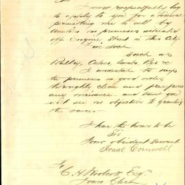 Letter: Isaac Cornwell, Abercrombie Street, applying for a licence to sell live stock in premises 