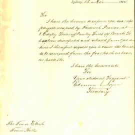 Letter: Edmund Sagen, Secretary, Board of Health, informing Council that the premises of Frederick 