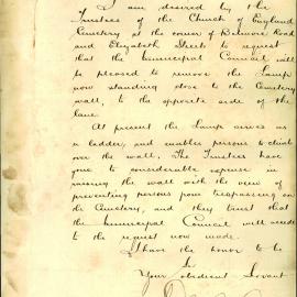 Letter - Request to move lamp in Church of England Cemetery, Belmore and Elizabeth Streets, 1885
