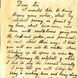 Letter - Complaint about traffic destroying the recently laid ashphalting, Darlington, 1885