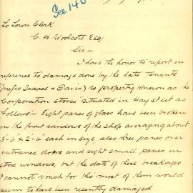 Letter: City Building Surveyor reporting on damage done by the late tenants (Isaacs & Davis) to 