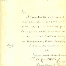 Letter: Commissioner for Railways requesting that the water be laid on to Summerhill Station from 