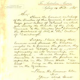 Letter - Australian Museum writes about the ownership of HRH The Duke of Edinburgh portrait, 1885