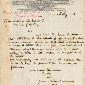 Letter – WS Friend & Co complaint of road blockages caused by fruit carts on York Street Sydney, 1886