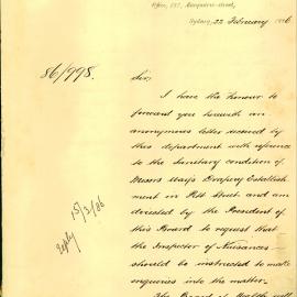 Letter: Edmund Sager, Secretary, Board of Health, 127 Macquarie Street. He forwards an anonymous 
