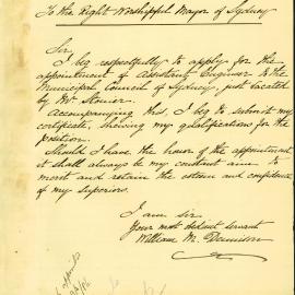 Letter: William M Dennison 44 College St, applying for the position of assistant engineer, just 