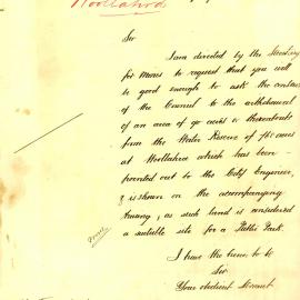 Letter - Remove 90 acres of water reserve for a park, 1886