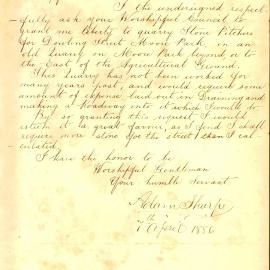 Letter - Request to use an old quarry in Moore Park, 1886