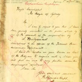 Letter: F Rinds Kopt. Complaint of insult by Corporation Employee S Bridgemont.