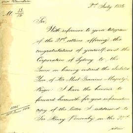 Letter: Sir Saul Samuel forwards a telegram from John Young, Esq, Mayor of Sydney dated 21st June 