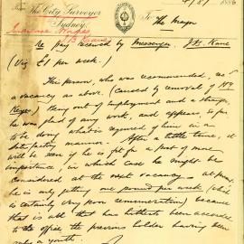 Memorandum: Mr Alum, The City Surveyor, Town Hall, George Street, Sydney. Refers to a request by Mr J B 