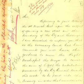 Letter: John Rae, Public Works Department. Cost of opening of new street on boundary of the City 
