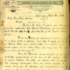 Letter: Gibbs, Shallard & Co, 84A Pitt Street, applying for permission to use Belmore Park and then 