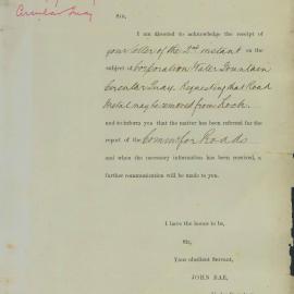 Letter: John Rae, Department of Public Works, informing the TC that the matter of removing road 