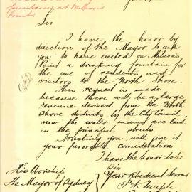 Letter: P A Temple, Council Clerk, East St Leonards Municipal Council. Asks for a drinking fountain 