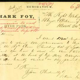 Letter - Permission to erect an partition at back of premises, 1887