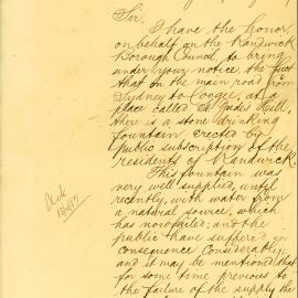 Letter: Randwick Council Clerk requesting that the drinking fountain at St Jude's Hill, on the main 