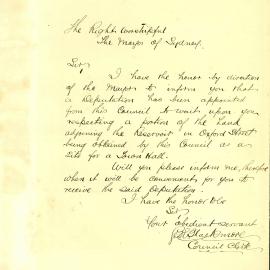 Letter - Request about land near reservoir for a Paddington Town Hall, 1888
