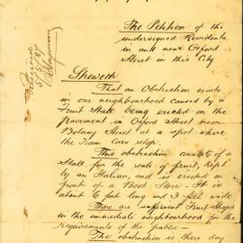 Petition - Residents in and near Oxford Street draw attention to a fruit stall obstructing pavement, 1887