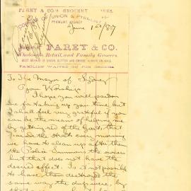 Letter - Complaint about mess made by goats, Union and Pyrmont Streets, Pyrmont, 1887